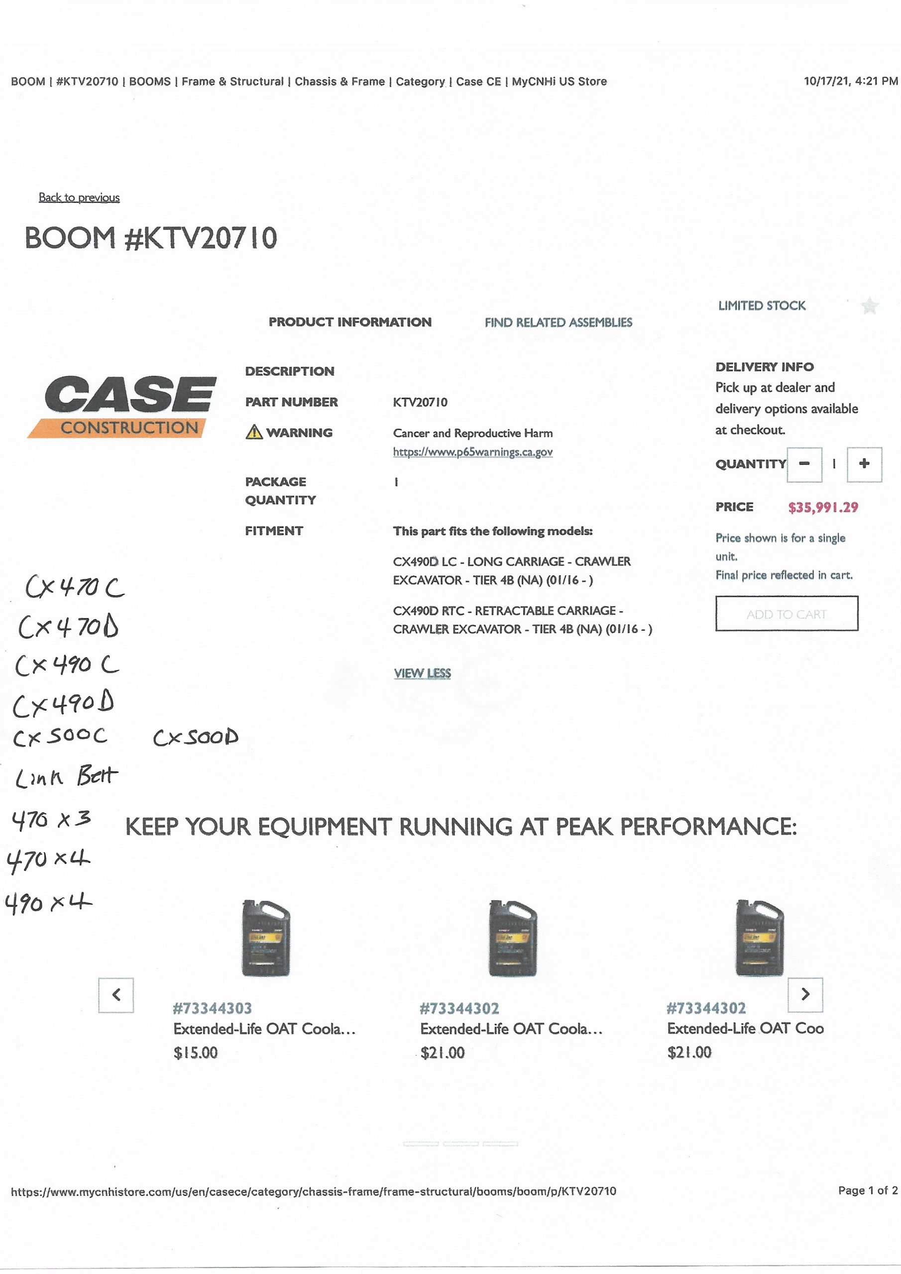 Case CX490D Excavator Boom #KTV20710